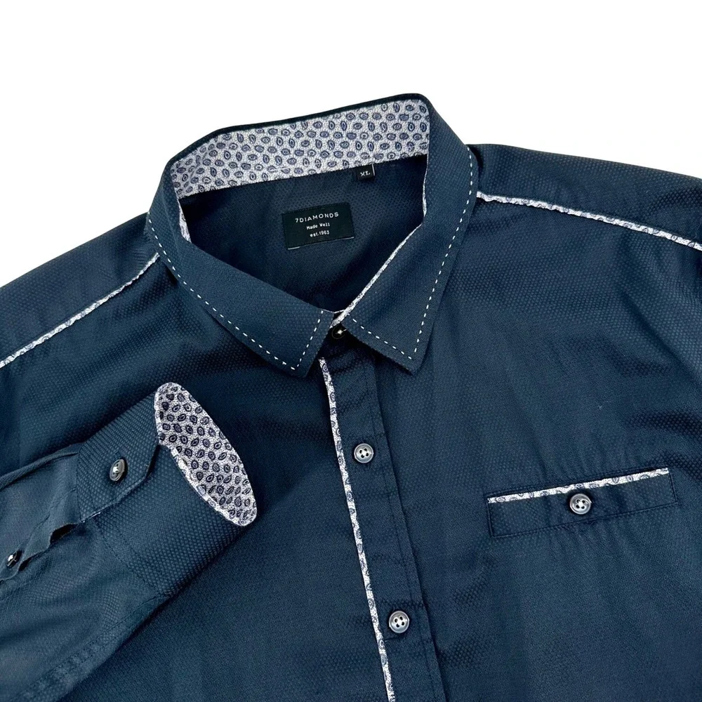 7 DIAMONDS Mens XL Dark Blue Textured Dress‎ Shirt Long Sleeve Button Up